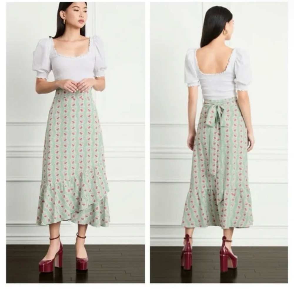 HILL HOUSE The Mirabel Skirt in Green Linear Floral Poly Crepe Size Small NWT